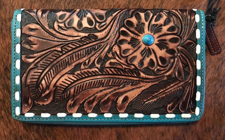 Tooled & Painted Leather Wallet with Turquoise – The Feathered Filly