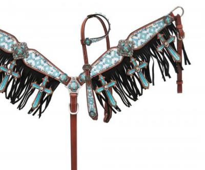 Brown and Teal Navajo Diamond Print Headstall and Breast Collar Set