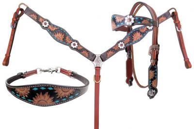 Sunflower Tooled Leather Headstsall and Breastcollar Set With Wither Strap