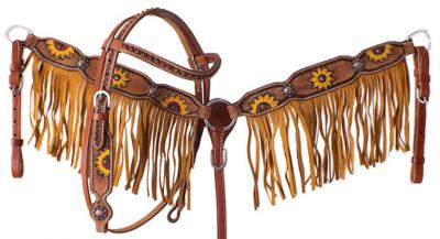 PONY SIZE Painted Sunflower Headstall and Breast Collar Set With Finge