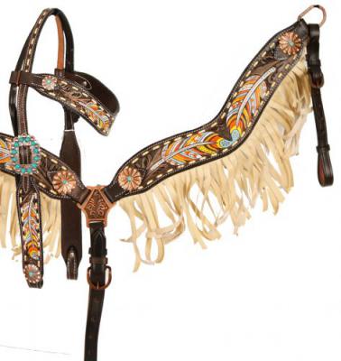 Painted Feather Headstall and Breastcollar Set