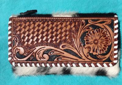 Cowhide and Tooled Leather Wallet With Buckstitching