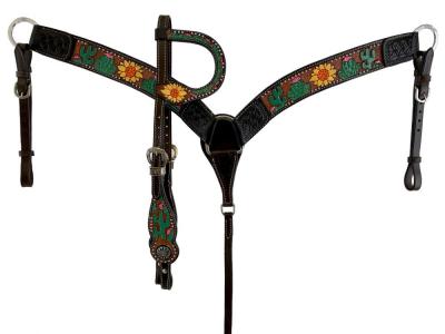 Hand Painted Sunflower and Cactus Headstall and Breastcollar Set